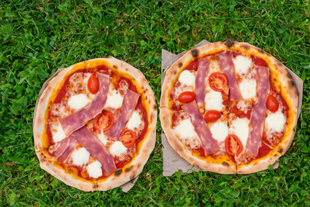 Pizza with ham, cheese and tomatoes on the green grass lawnの素材