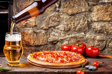 Pizza with ham, cheese and tomatoes and a glass of beerの素材