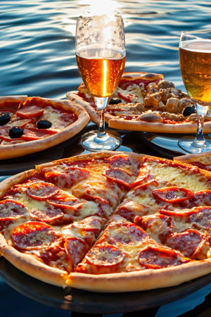 Several pizzas and beer on the surface of the waterの素材