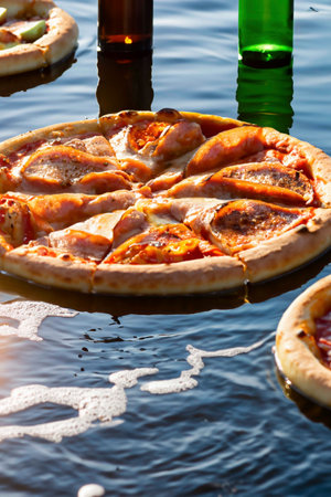 Several pizzas and beer on the surface of the waterの素材