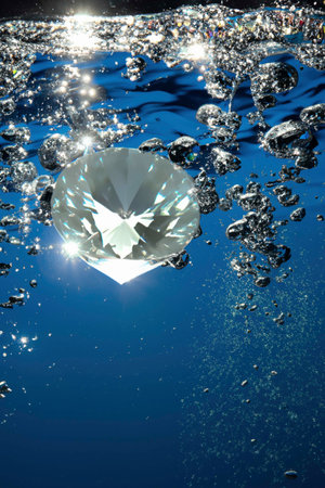 Diamonds falling into the water with splashes, bubblesの素材