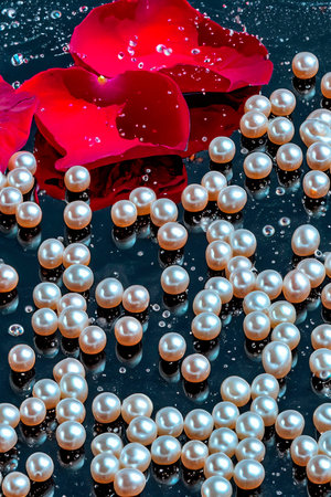 Pearl necklace in the water with splashes, drops and reflectionsの素材