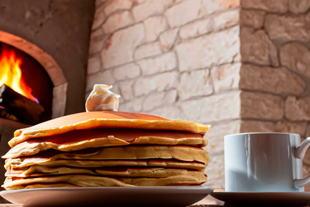 Pancakes on an old wooden table near the firing owenの素材