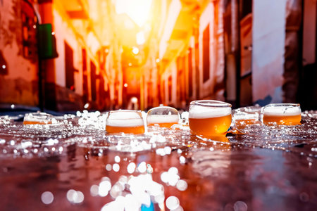 Bottles and glasses of beer in an old small townの素材