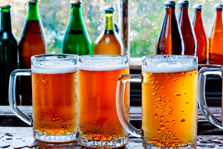 Glasses of beer on the old wooden barの素材