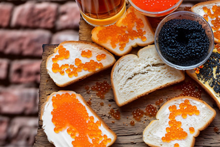 Different of caviar with bread and kinds of beveragesの素材