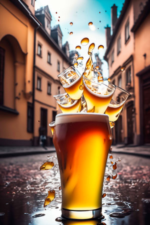 Bottles and glasses of beer in an old small townの素材