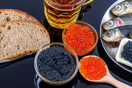 Different of caviar with bread and kinds of beveragesの素材