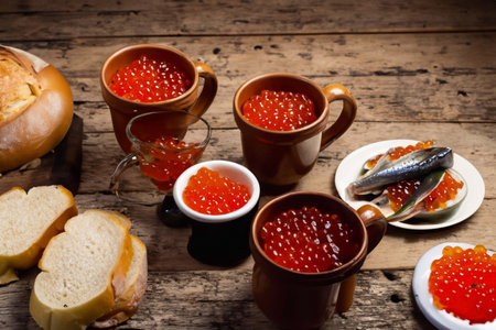 Different of caviar with bread and kinds of beveragesの素材