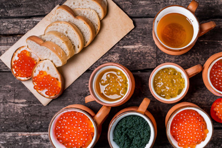 Different of caviar with bread and kinds of beveragesの素材