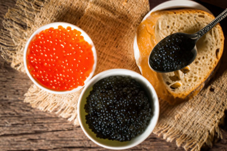 Different of caviar with bread and kinds of beveragesの素材