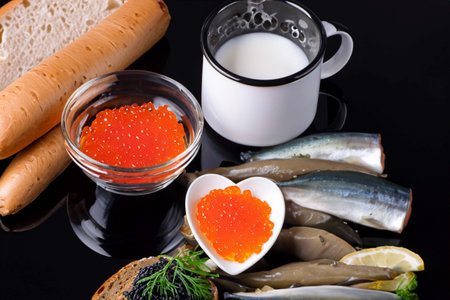 Different of caviar with bread and kinds of beveragesの素材