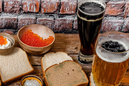 Different of caviar with bread and kinds of beveragesの素材
