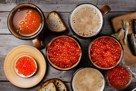 Different of caviar with bread and kinds of beveragesの素材