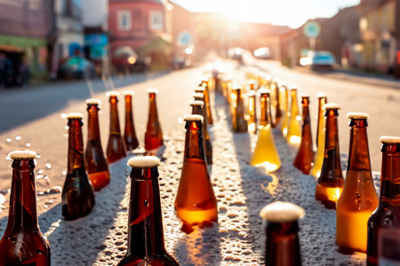 Bottles and glasses of beer in an old small townの素材