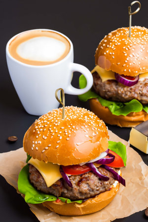 Two burgers and cup of coffee on a tableの素材