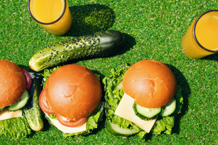 Burgers and glass of juice on a green grassの素材
