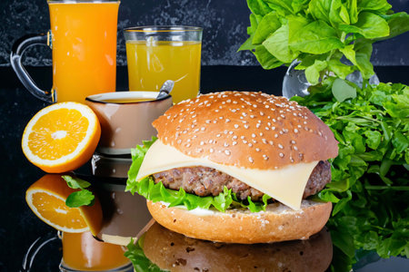 Burger with ham and a glass of juiceの素材