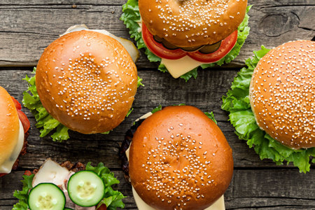 Burgers and vegetables on an old wooden tableの素材