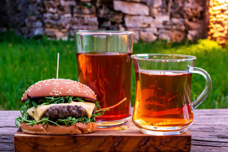 Burger with ham and greenery on a green grassの素材