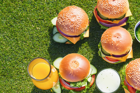 Burgers and glass of juice on a green grassの素材