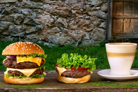 Burger with ham and greenery on a green grassの素材