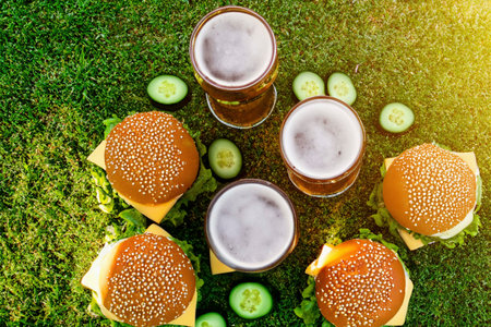 Burgers and glasses of beer on agreen grass lawnの素材