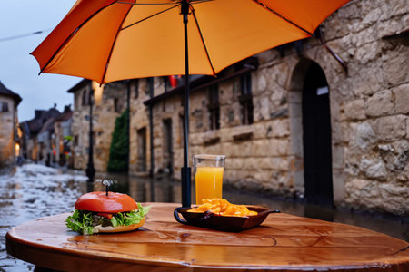 Burger on a table in a street cafeの素材