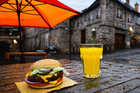 Burger on a table in a street cafeの素材