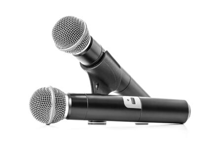 Modern black wireless microphone isolated on white backgroundの写真素材