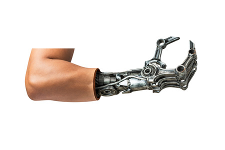 Metallic robot arm internal human hand isolated on white background with clipping path for concept of the future technologyの写真素材