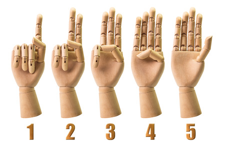 Sing of number from wooden hand isolated on white background