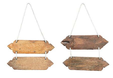 Wooden hanging signboard isolated on white backgroundの写真素材