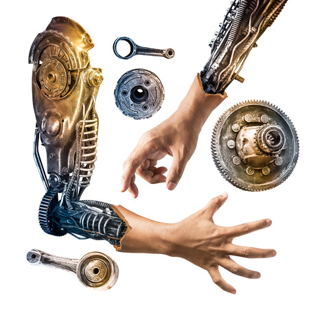 Metallic robot hand internal human hand isolated on white background in concept of the future technologyの写真素材