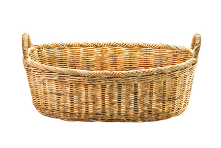 Rattan wicker basket for cloth isolated on white background with clipping pathの写真素材