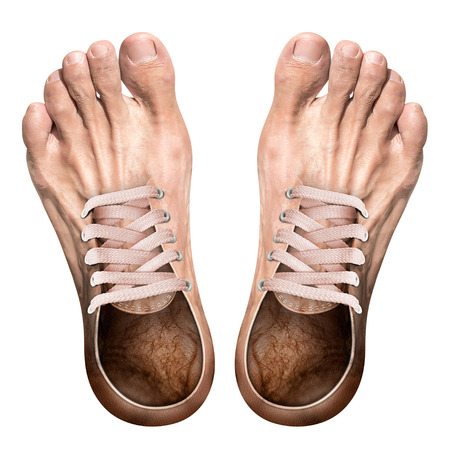 Top view of surreal creative shoes isolated on white backgroundの写真素材