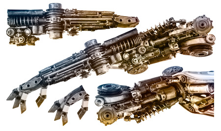 Creative metallic robot hand made from machine part isolated on white backgroundの写真素材
