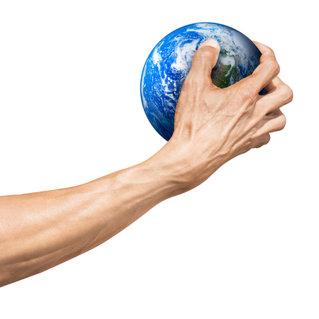 Human hand hold on globe in concept of save the world isolated on white background with clipping pathの写真素材