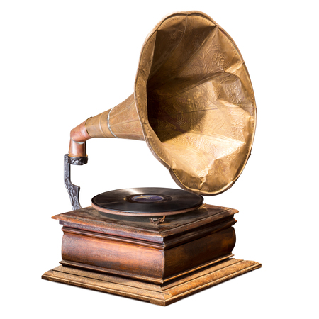 Antique gramophone vinyl record player isolated on white background with clipping pathの写真素材