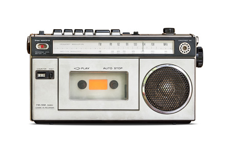Retro radio and audio cassette player isolated on white background with clipping pathの写真素材