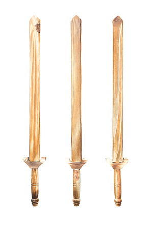 Wooden sword set for child toy and decoration isolated on white background with clipping pathの写真素材