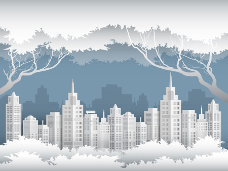 Illustration of cityscape in the jungle in conservation environment concept paper art style.のイラスト素材