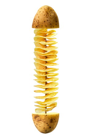 Fry twist slice potato insert on bamboo isolated on white backgroundの写真素材