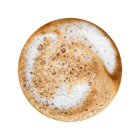 Top view of cappuccino coffee for material design isolated on white background with clipping pathの写真素材