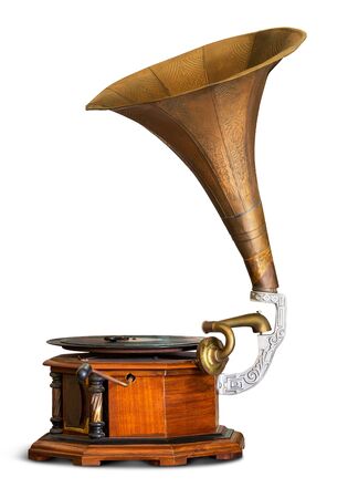 Antique gramophone vinyl record player isolated on white background with clipping pathの写真素材