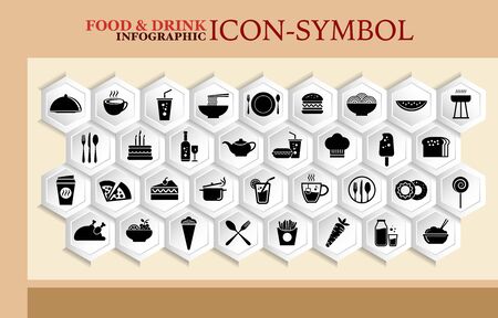 Food and drink icon set, kitchen utensils, flat simple design, vector illustrationのイラスト素材