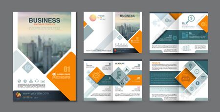 Business brochure template square design and graphic a4 scale, blue green and orange color theme, icon with symbol element, vector illustrationの写真素材
