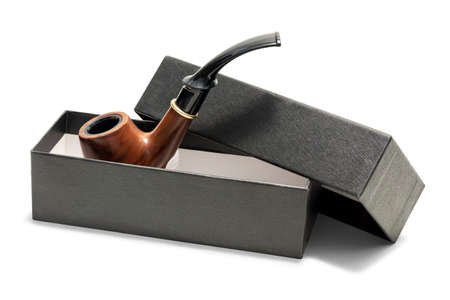 Wooden tobacco pipe in black box isolated on white background with clipping path