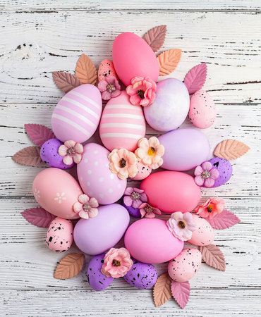 Easter eggs and flowers lie on the table in the shape of an oval