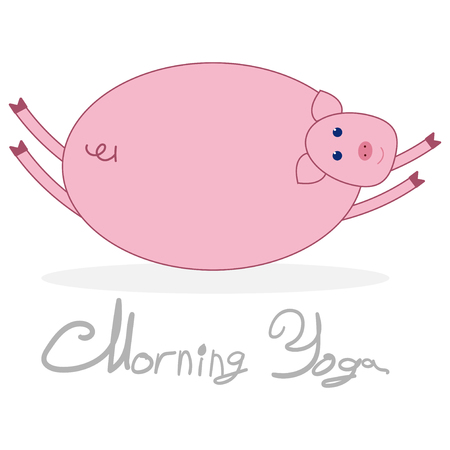 Morning yoga with a pig. Pigs isolated on white background with shadow. The text under the picture Morning Yoga .のイラスト素材